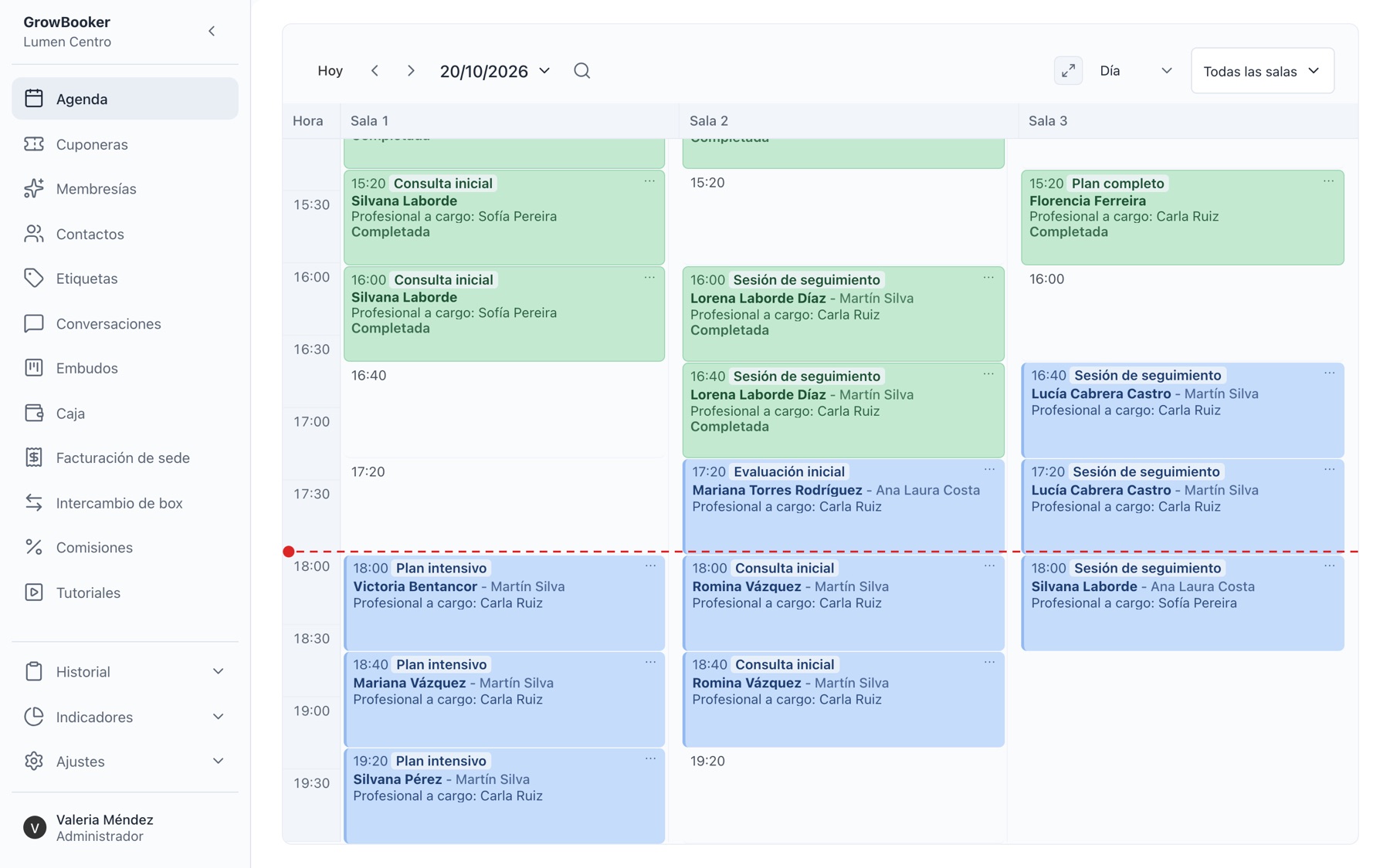 Agenda diaria de GrowBooker con citas en tres salas