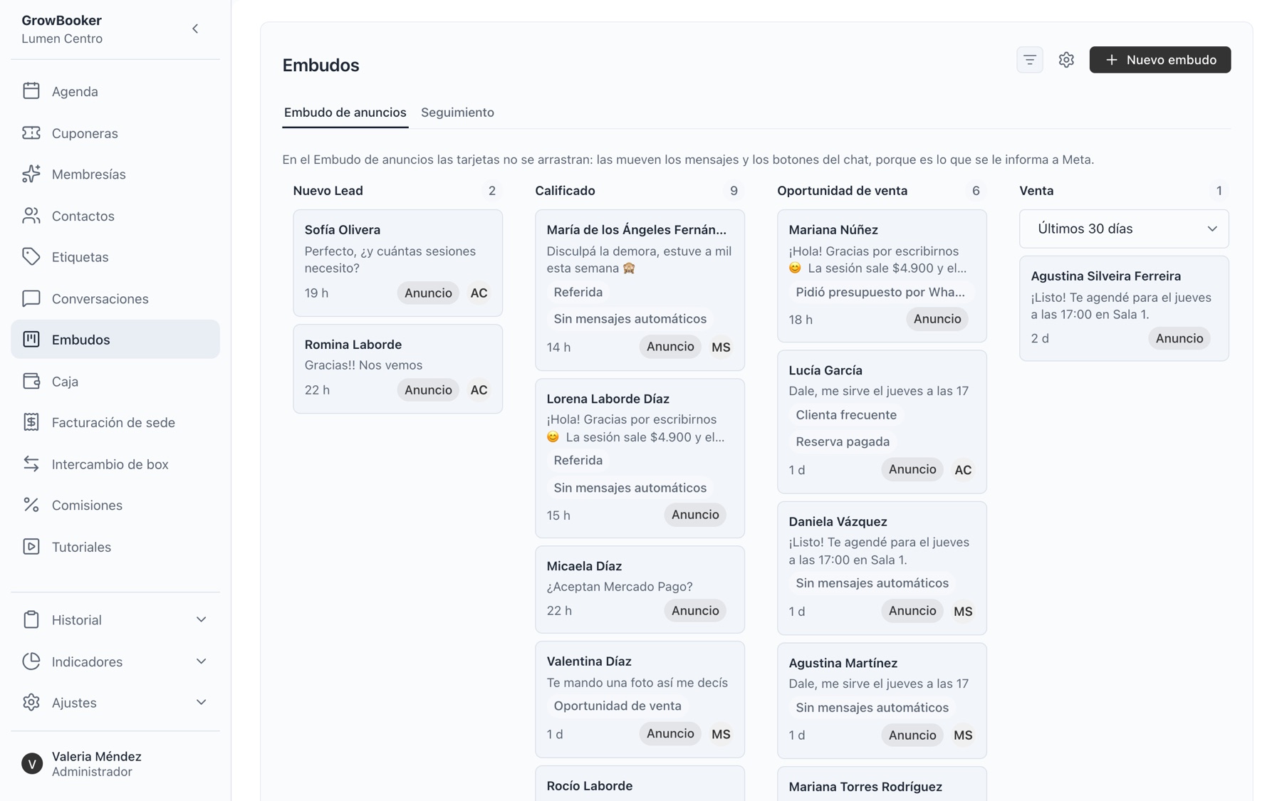 Embudo de anuncios de GrowBooker con tarjetas de contactos por etapa